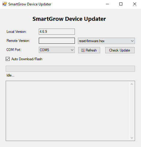 Reset firmware, enable auto flash, select COM port, and check for update